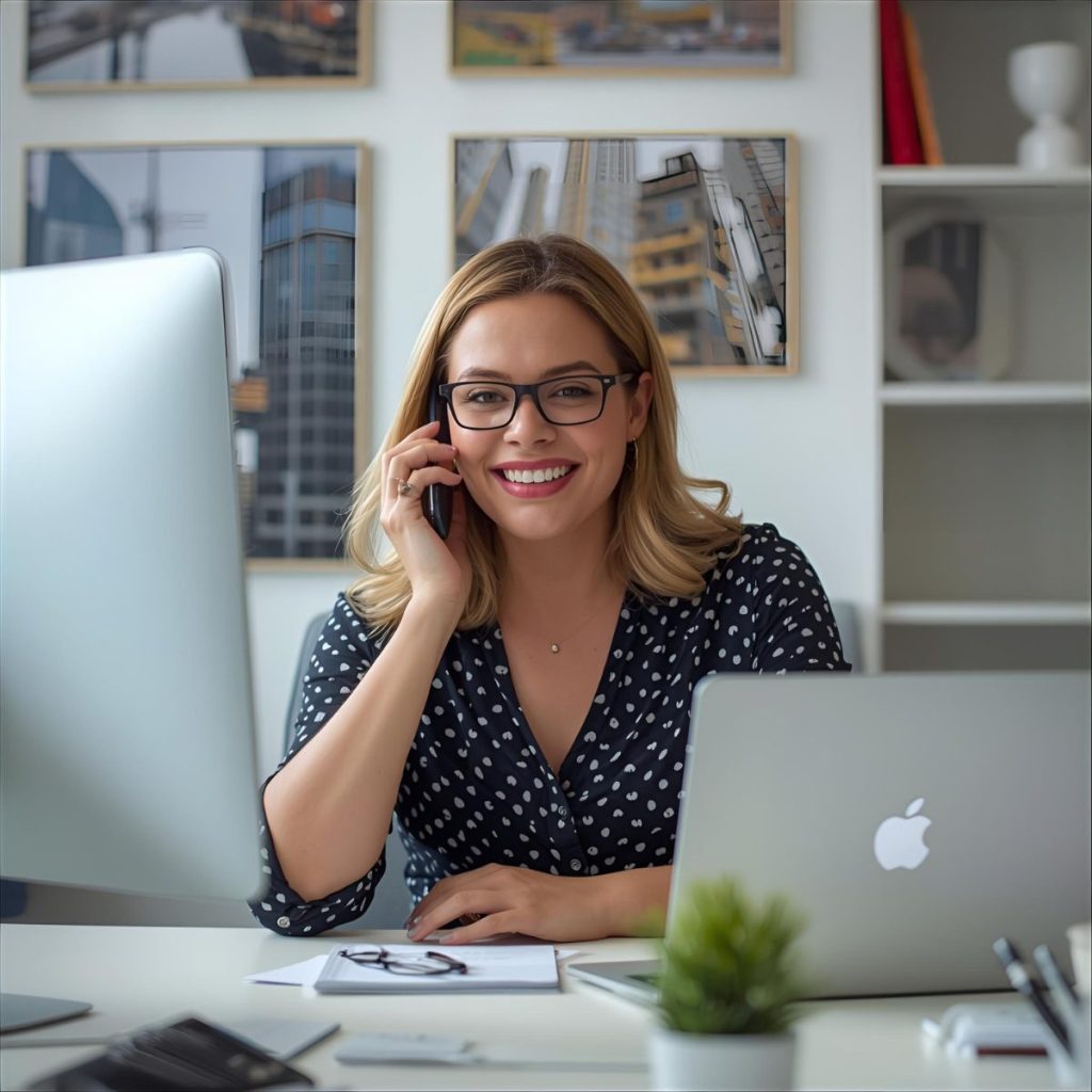 Project admin arranging contractor accommodation by phone at her desk.